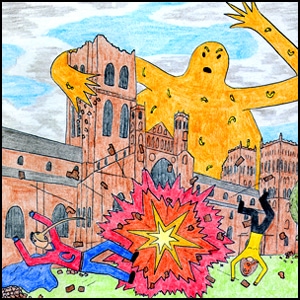 Curlew-Man versus the Macaroni Cheese Monster of Durham!