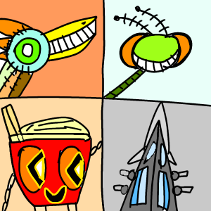 Pages 13 to 16 bird chimera/mantis warrior/ramen bot/space ship