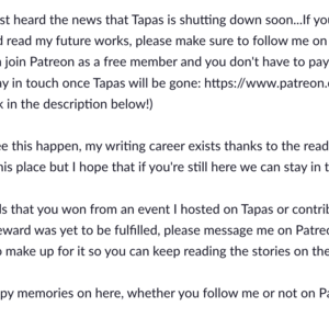 Tapas shutting down, please follow me on Patreon to stay in touch!