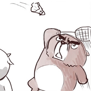 Bear plays doubles badminton